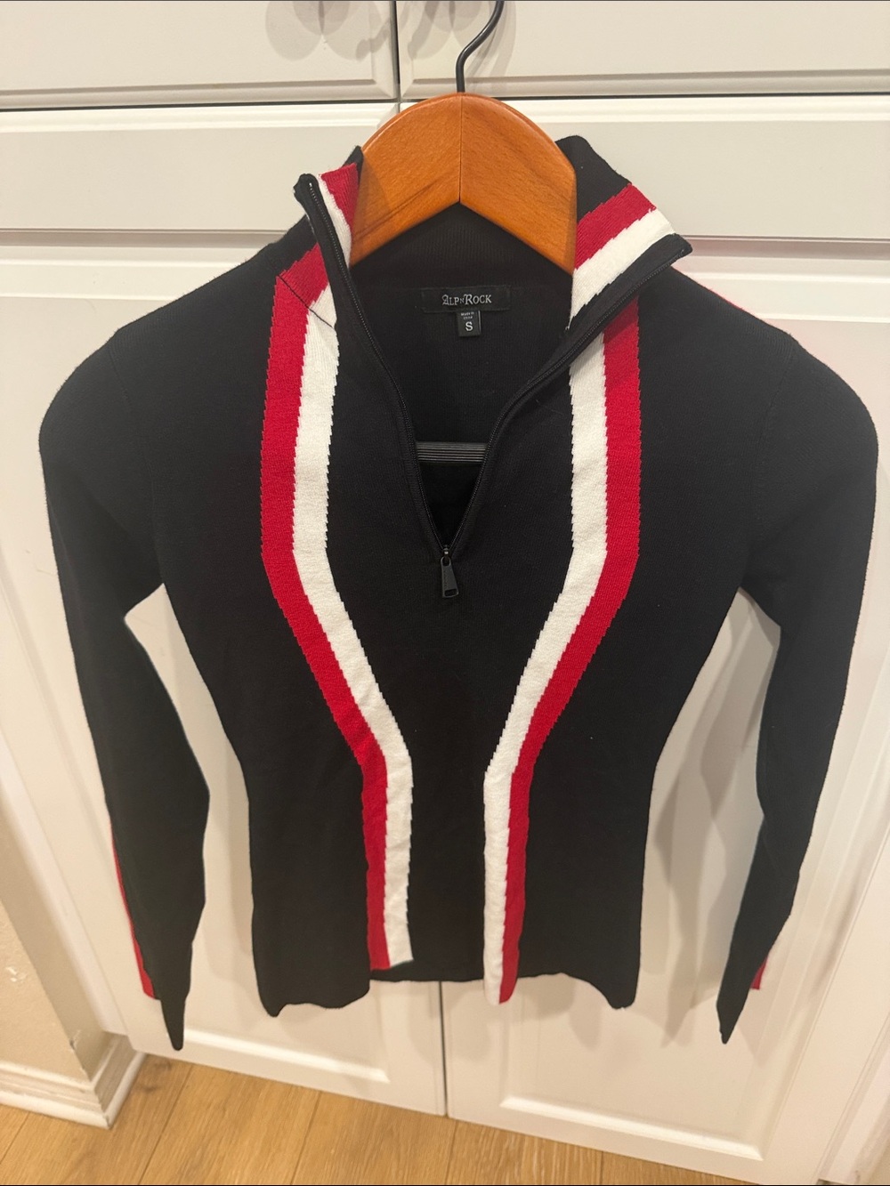 Alp N Rock Black Crewneck Sweater with Red and White Stripes